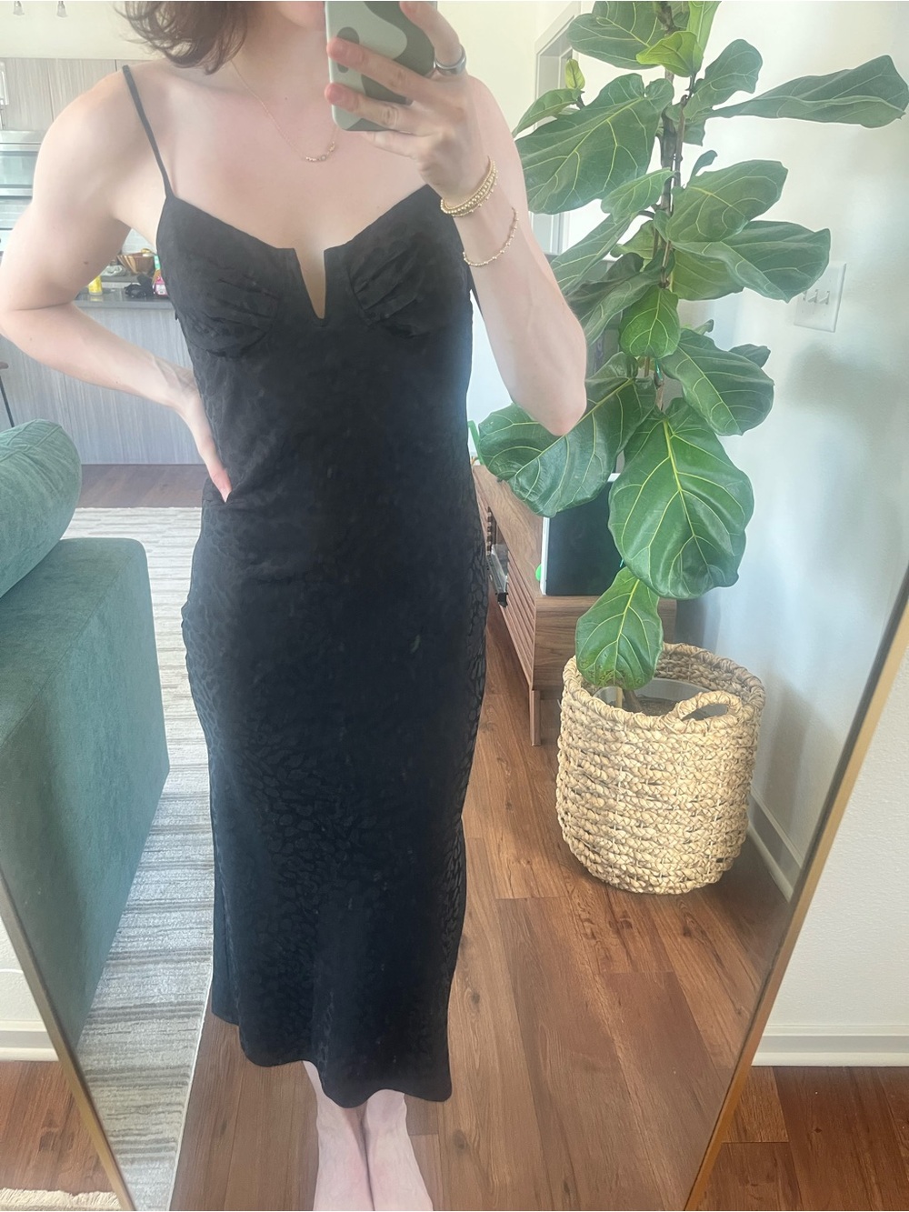 Wayf Black Midi Slip Dress with V-Notch Neckline
